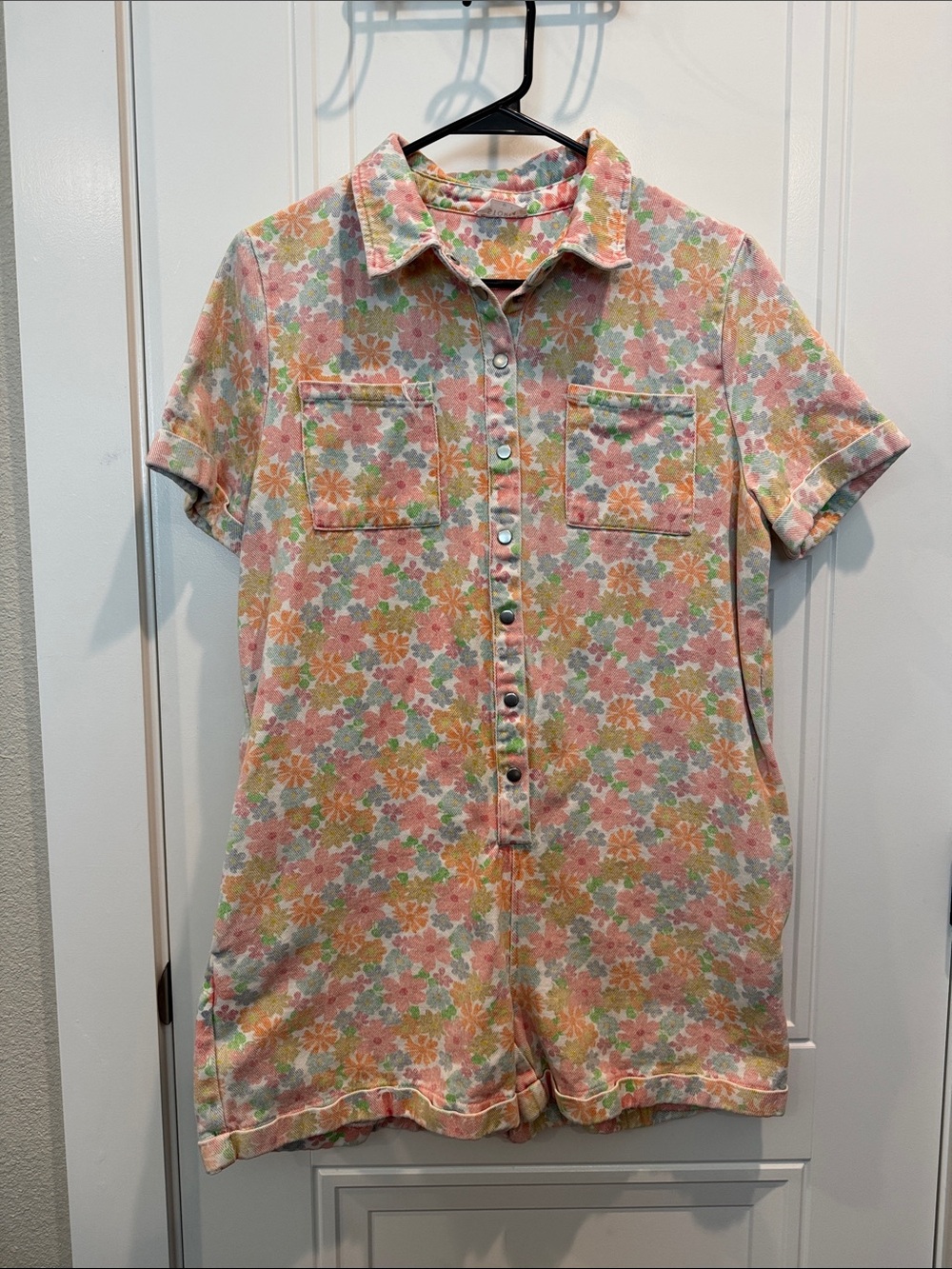 Storia Pastel Floral Button-Up Romper in Pink, Green, Yellow